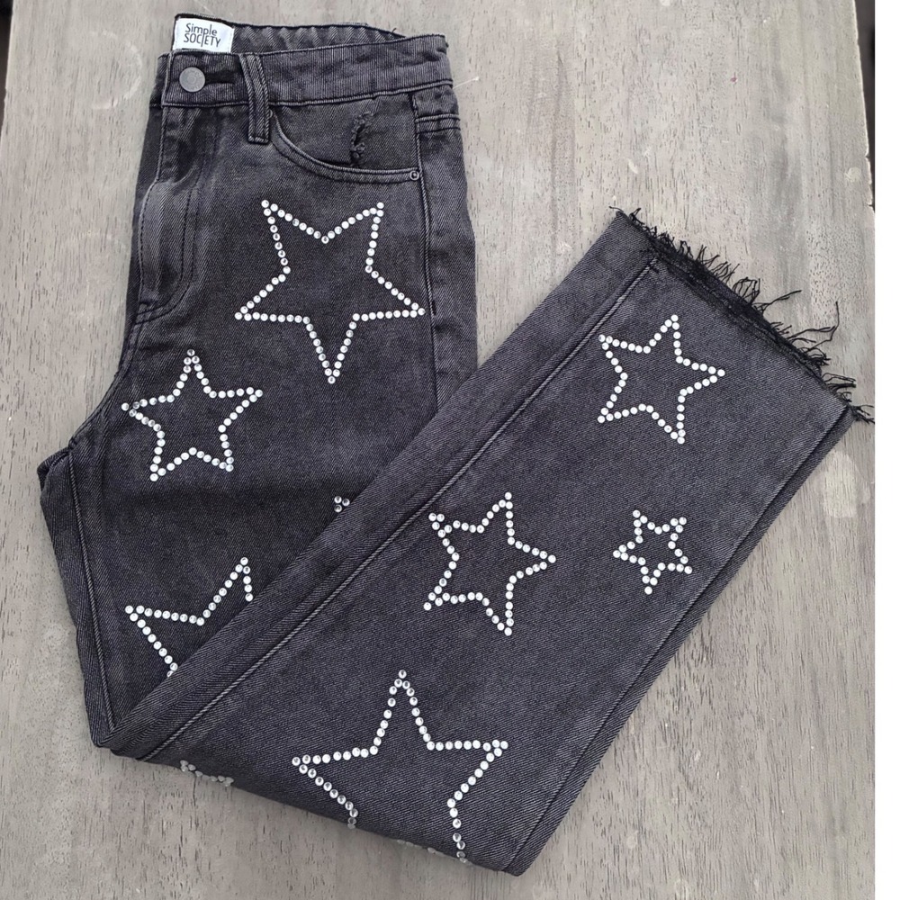 Simple Society Rhinestone Star Jeans Y2K Grunge Distressed Black Gray Size 1/25